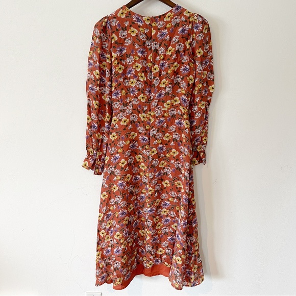 Yumi Kim So Amazing Rust Silk Floral Love Me Tender Dress Long Sleeves Pockets - Picture 13 of 14